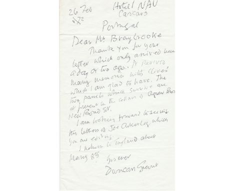 Artist Duncan Grant hand written letter 1972 which revived many memories with Clives which I am glad to have. Duncan James Co