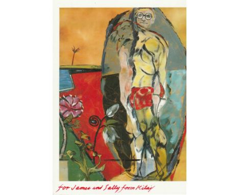Artist Ronald Brooks Kitaj signed in red to bottom of 6 x 4 inch colour postcard of his painting The Neo Cubist, to James and
