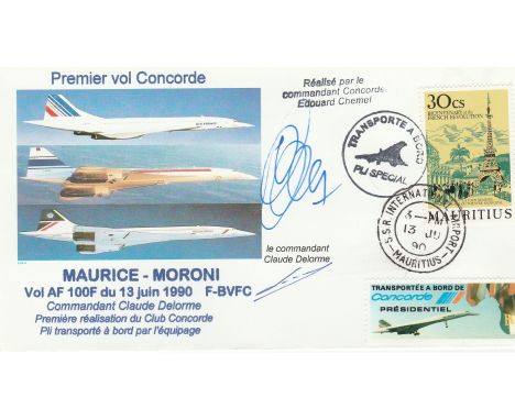 Air France Concorde cover flown on first flight 1990 Maurice to Moroni signed by Edouard Chemel and Capt Claude Delorme, head