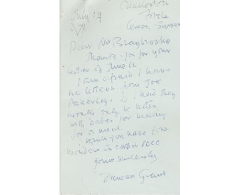 Artist Duncan Grant hand written note on postcard regarding Joe Ackerley. Duncan James Corrow Grant was a British painter and