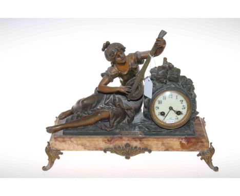 Victorian ornate spelter and marble mantel clock, having maiden playing lyre beside circular face, 41cm across.