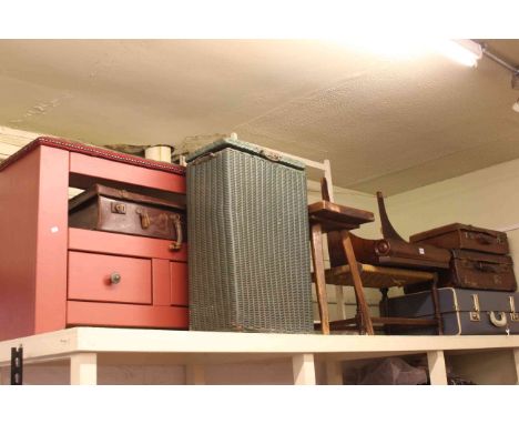 Two drawer storage seat, Lloyd Loom linen bin, two stools, towel stand, mahogany wall shelf and four suitcases (10).