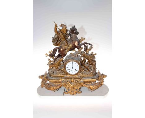 Victorian ornate gilt metal mantel clock having equestrian hunter with hounds and wild boar, 53cm high.