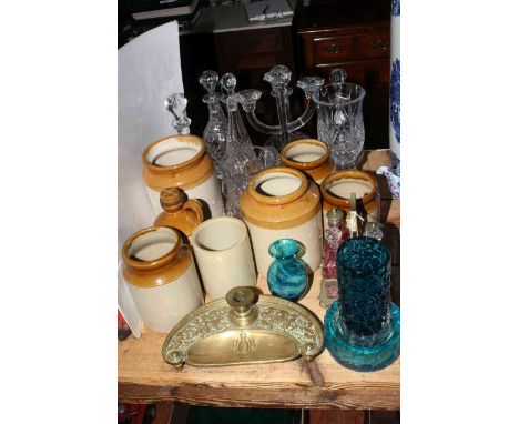 Stoneware jars and bottle, decanters, ornate brass inkwell, cruet set, Mdina glass, Whitefriars vase etc.