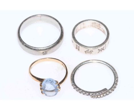 9 carat gold dress ring, silver ring and two diamond set rings (4) sizes P, M, W and U .