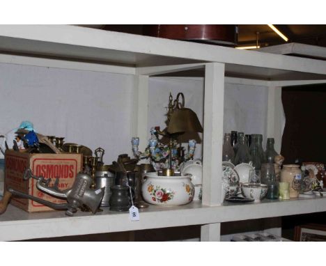 Shelf collection of Meccano with instruction books, metalwares, Meissen candlesticks, glass bottles, wash bowl, Dresden vase,