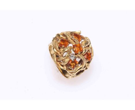 Citrine and single stone diamond fancy cluster set 18 carat gold ring, size N.