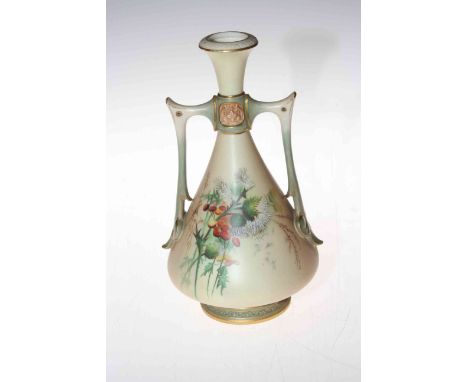 Royal Worcester Blush and green two handled vase painted with flowers, shape no. 1021.