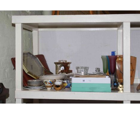 Box of first day covers, stamps and coins, musical table, wall clock, leather briefcase, glass and ceramics.