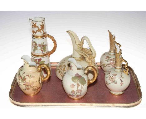 Four pieces of Royal Worcester blush and ivory; dragon jug 1048, tall jug 1047, two flat back jugs 1094, and, two Continental