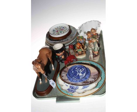 Tray lot with Hummel figures, collectors plates, Doulton horse Mr Frisk etc.