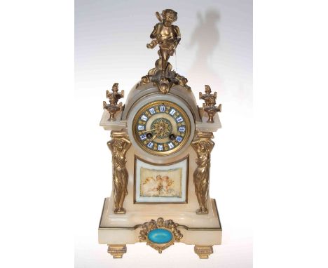French gilt metal mounted alabaster mantel clock, the dial above painted panel flanked by maiden columns, 41cm.