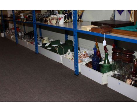 Large collection of china and glass, elephant stool, Oriental pottery table lamp, Chinese wood vase stands, etc.