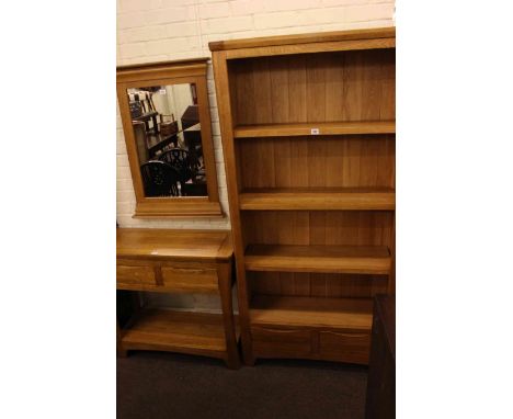 Light oak two drawer, four tier open bookcase 179cm x90cm, matching two drawer console table 78cm x 85cm and mirror 90cm x 60