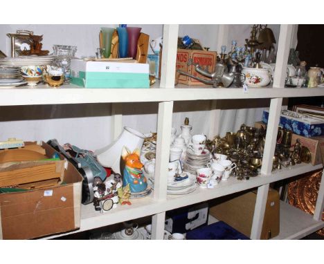 Large shelf collection including Jubilee Audion Organ, glass, metalwares, ceramics, toys, guitar, Aynsley, prints.