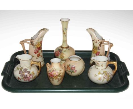 Seven pieces of Royal Worcester Blush Ware, circa 1900, including two tusk jugs,1116 and two squat jugs 1376.