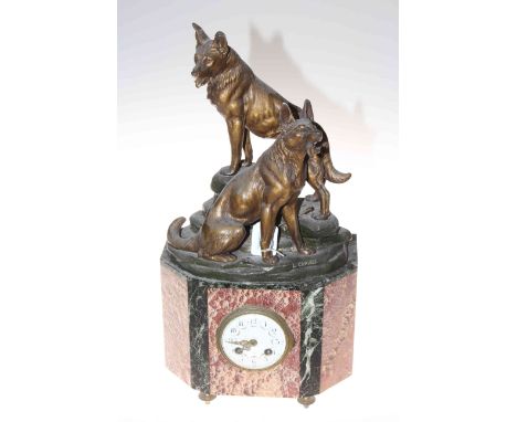 Victorian marble clock with pair of dogs sculpture after L. Carvin, 49cm.