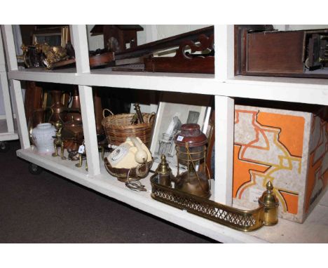 Collection of brass and copper including oil lamp, fire guard, pots, coal scuttle, together with prints, paintings, glass sha