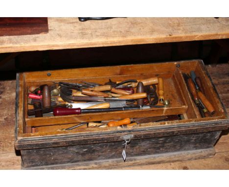 Pine joiners tool chest together with a collection of joinery tools.