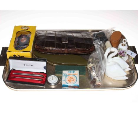 Pelham Mouse puppet, Parker pen set, jewellery, vintage skin bag, Smiths stop watch, Union pocket watch etc.