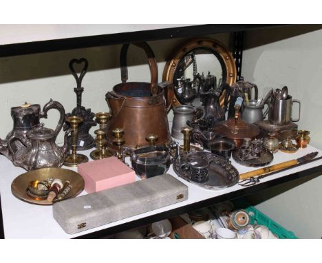 Shelf collection including large copper jug, silver plated teapots, cased cutlery, candlesticks, gilt convex mirror, cast doo