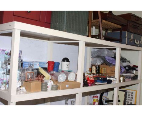 Large shelf collection of Royal Worcester egg coddlers, Royal Worcester Evesham, collection of evening and handbags, candles 