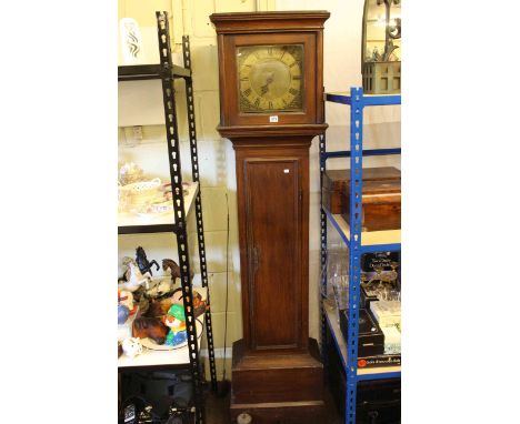 Antique painted pine thirty hour longcase clock having brass square dial, signed Jn Hinton, Hatfield, overall height 187cm.