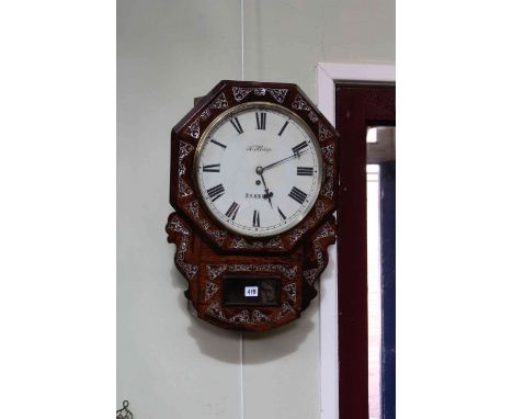 Victorian mother of pearl inlaid rosewood drop dial wall clock, 59cm.