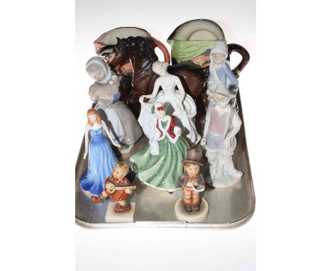 Tray lot with Lladro, Royal Doulton, Hummel and Nao figures, Shire horse and two character jugs (11).