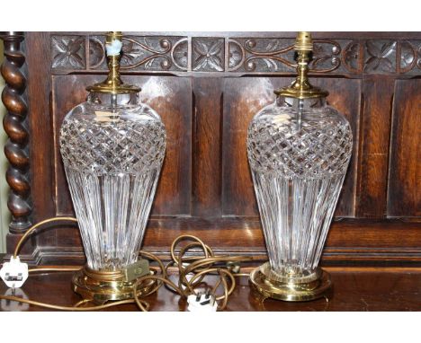 Pair Waterford glass and gilt metal table lamps, 40cm high to lamp holder.