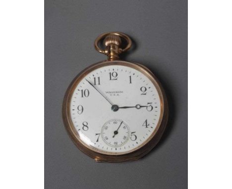 A 9CT GOLD WALTHAM TOP WIND POCKET WATCH, the white enamel dial with black Arabic numerals enclosing subsidiary seconds dial,