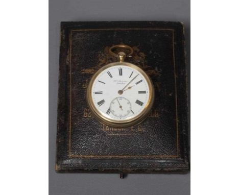 A LATE VICTORIAN 18CT GOLD KEY WIND LUDGATE POCKET WATCH BY BENSON, the white enamel dial with black Roman numerals enclosing