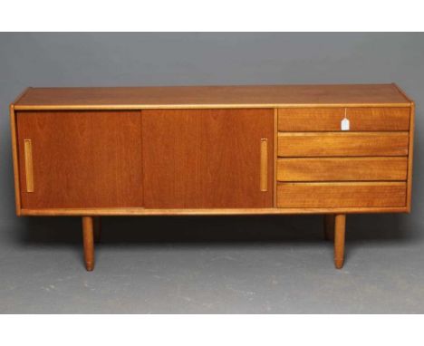 A JENTIQUE TEAK SIDEBOARD, mid 20th century, the fascia with a bank of four drawers with lip handles, the top one fitted for 