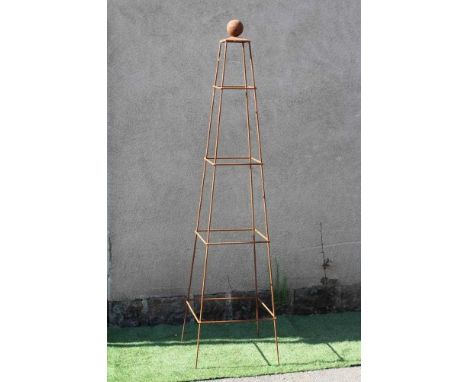 A WROUGHT IRON SQUARE PLANT OBELISK with ball finial, 22" w x 83" h (Est. plus 24% premium inc. VAT)   Condition Report: very