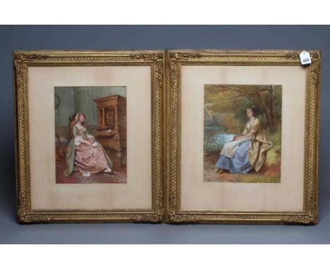 BRITISH SCHOOL (Late 19th Century)Young Lady Seated by a Lake Holding a Rose and Interior Scene with Young Lady by a Secretai