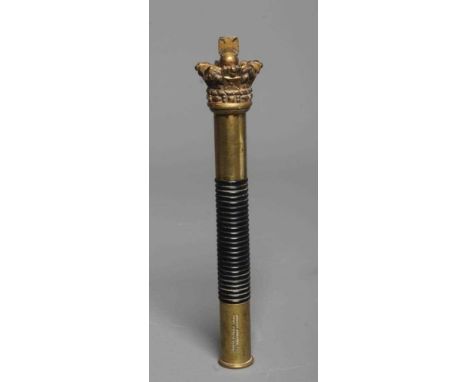 A VICTORIAN POLICE INSPECTOR'S BRASS TIPSTAFF BY PARKER &amp; FIELD, of hollow cylindrical form with turned ribbed ebony grip