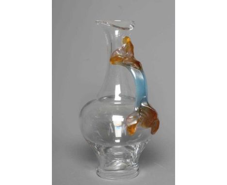 A DAUM GLASS CARAFE, modern, of baluster form with trefoil lip and applied blue and amber leaf moulded pâte-de-verre handle, 