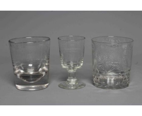 AN EARLY VICTORIAN GLASS TUMBLER of plain cylindrical form, engraved 'Mary Schofield, 1835' over fan panels, 3 3/4" high, tog