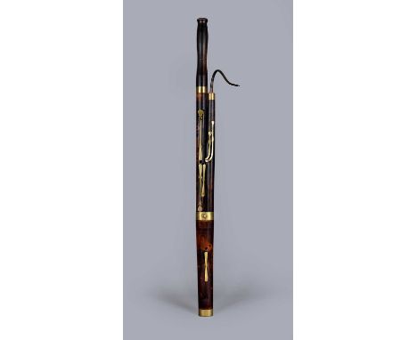 AN ENGLISH STAINED PEARWOOD BASSOON BY W MILHOUSE, early 19th century, six brass keys and fittings, with metal crook mouthpie