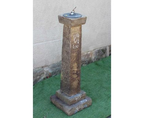 A SANDSTONE SUNDIAL of square form with stepped plinth and bronze gnomen, 13" w x 42 1/2" h (Est. plus 24% premium inc. VAT)C