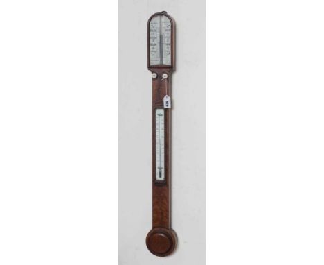 A MAHOGANY STICK BAROMETER BY GALLETTI GLASGOW, early 19th century, with ivory registers and thermometer, the flame mahogany 