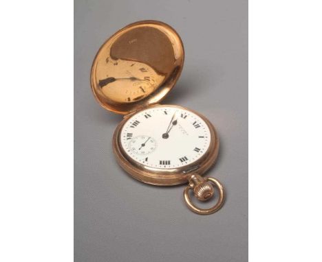 A 9CT GOLD WALTHAM TOP WIND HUNTER POCKET WATCH, the white enamel dial with black Roman numerals enclosing subsidiary seconds