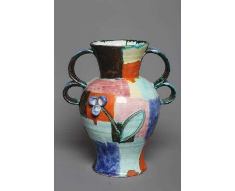 WALTER BOSSE FOR GOLDSCHEIDER- a terracotta vase of inverted baluster form with two double loop handles, applied with a blue 