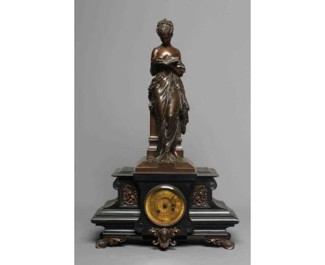 A FRENCH SLATE MANTEL CLOCK, second half 19th century, the twin barrel movement signed Japy Freres, 3 3/4" gilded dial with R