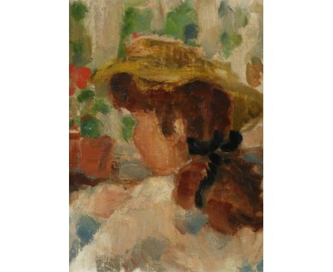 ‡ Peggy Somerville (1918-1975) Portrait of a girl in a yellow hat Oil on canvas laid on board 26.8 x 20cm Provenance: David M