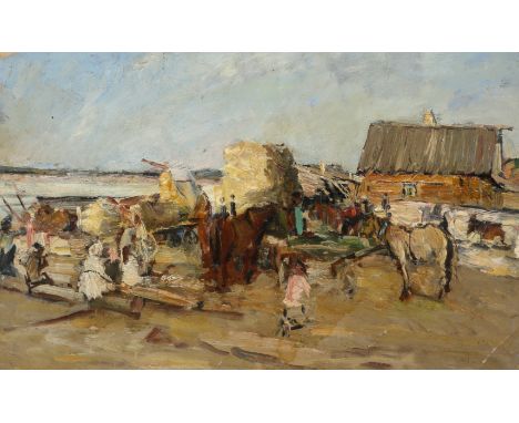 Pavel Alexandrovich Radimov (Russian 1887-1967) Village landscape Oil on cardboard Inscribed and numbered 025624 to verso 27.