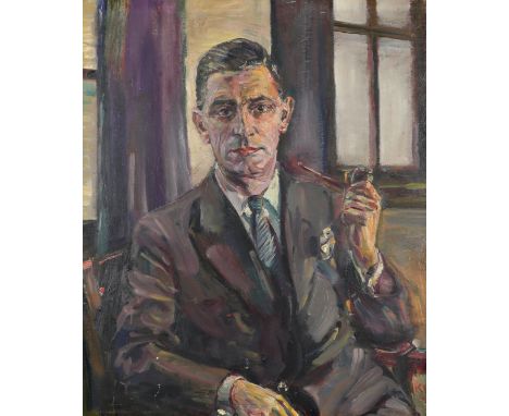 Kurt Schwitters (German 1887-1948) Portrait of a gentleman holding a pipe Signed with monogram and dated 42 Oil on board 76.3