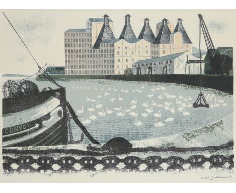 ‡ David Gentleman (b. 1930) Quayside at Misley Signed and dated 66 in plate Lithograph 38.5 x 50cm (sheet) Together with a To