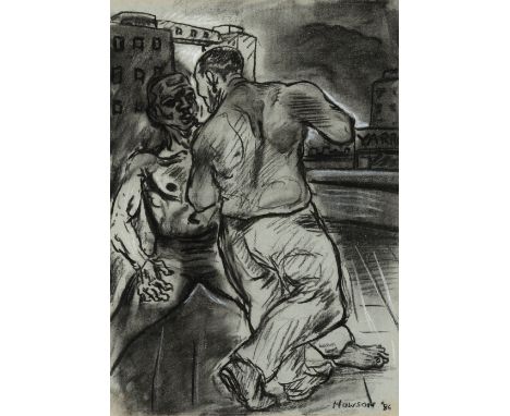 ‡ Peter Howson OBE (Scottish b.1958) A dockside fight Signed Charcoal and white chalk 41 x 29cm Provenance: Cyril Gerber Fine