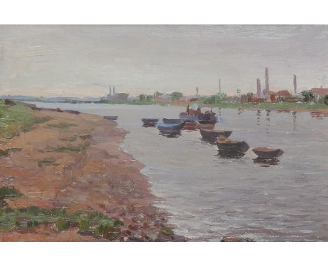 Evgeny Fiodorovich Karasiov (Russian 1926-1997) On the Volga Signed, dated 1957, and titled to verso Oil on card 13 x 18.6cm 